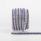 10 Yards Crystal & Sapphire Rhinestones Close Cup Chain -  3 Rows Silver Base WholesaleRhinestone